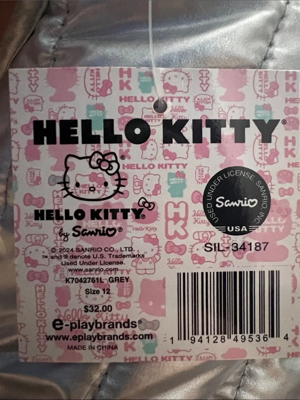Hello Kitty Metallic Silver Quilted Puffer Vest with Pink Bow Patch